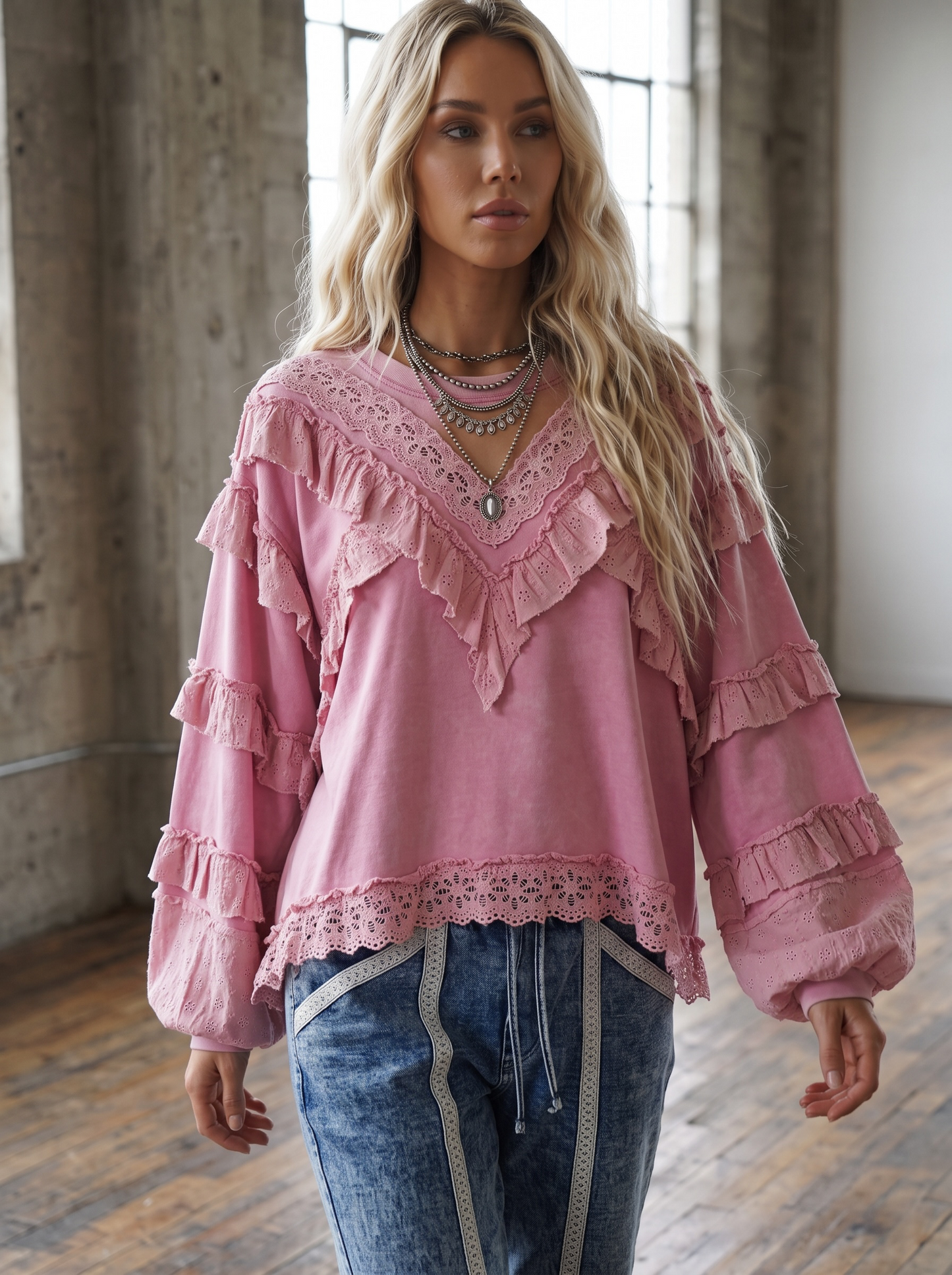 POL Eyelet Ruffle Sweatshirt