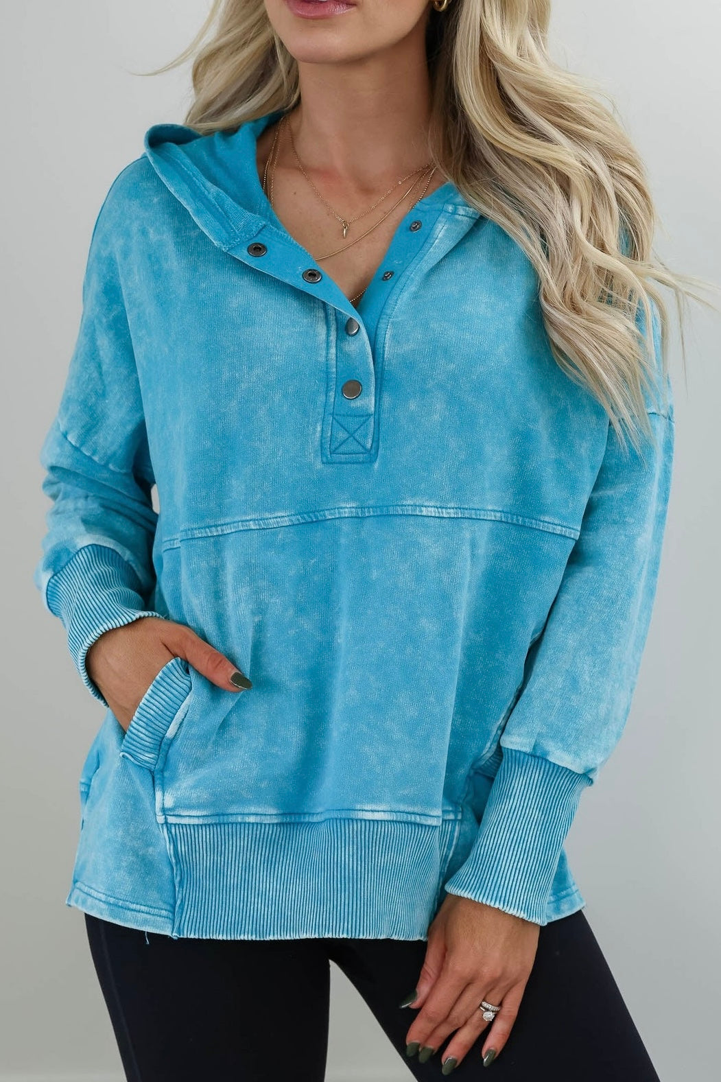 Half Snap Long Sleeve Hoodie with Pockets