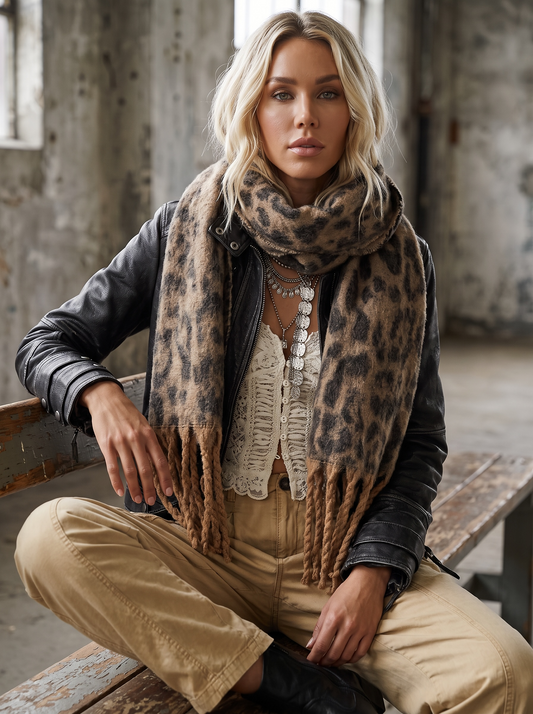 C.C Leopard Print Fringe Scarf