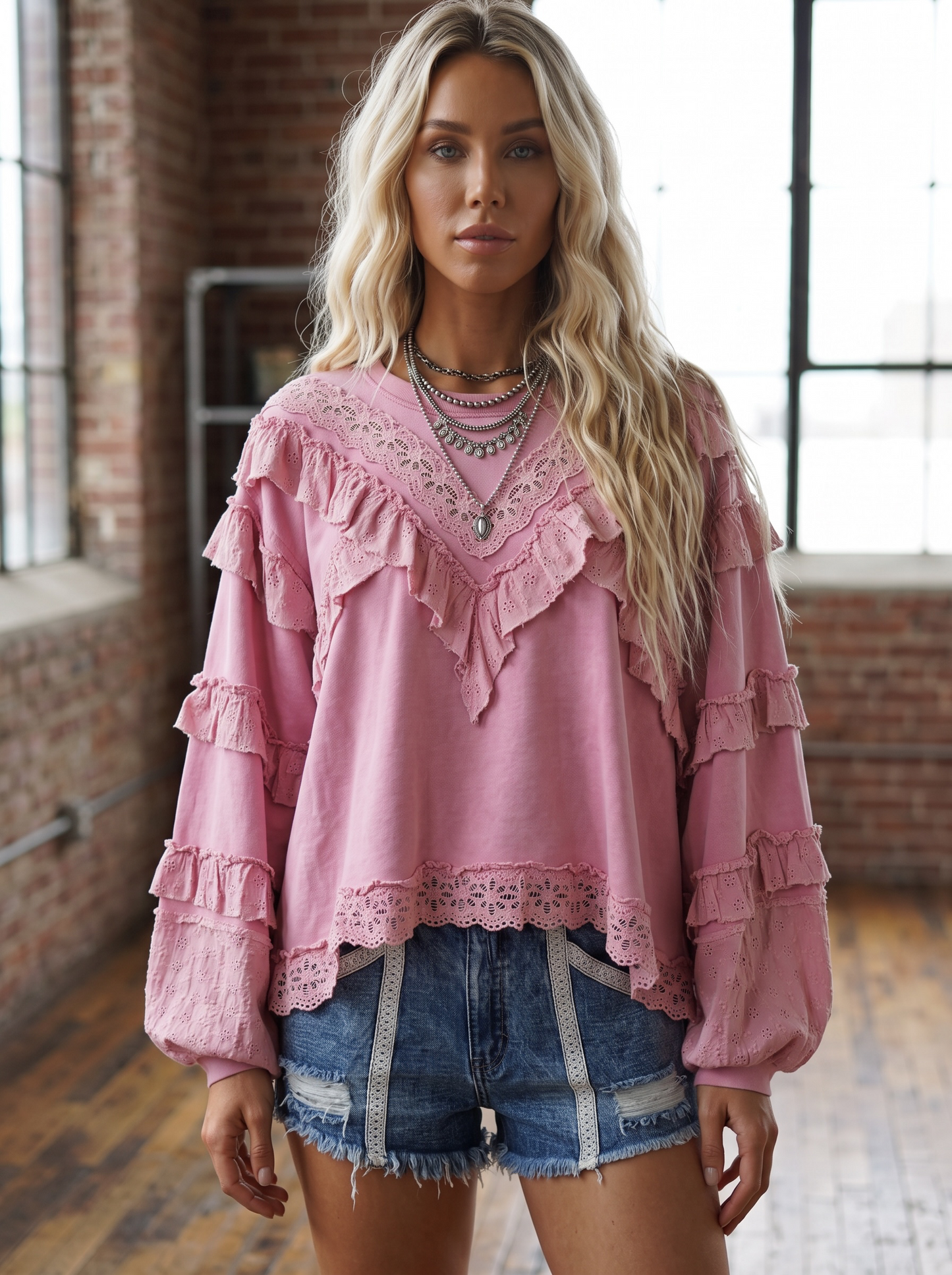 POL Eyelet Ruffle Sweatshirt