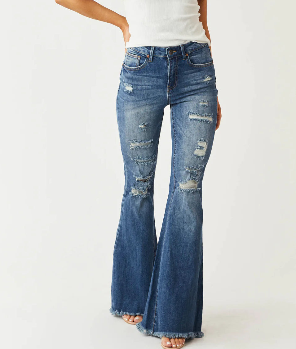 High Rise Boot Cut Distressed Jeans