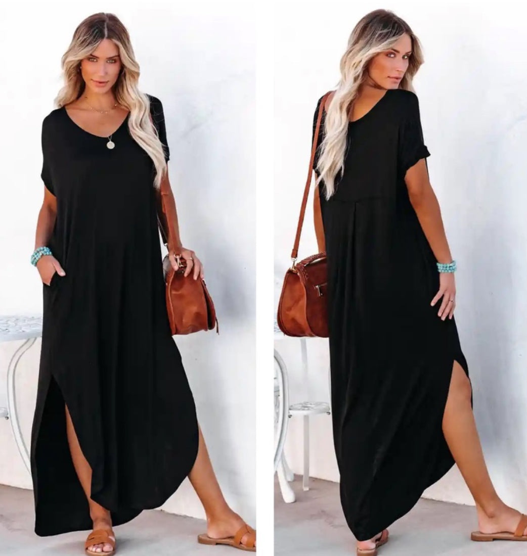 Viscose Fabric V-Neck Short Sleeve Maxi Dress