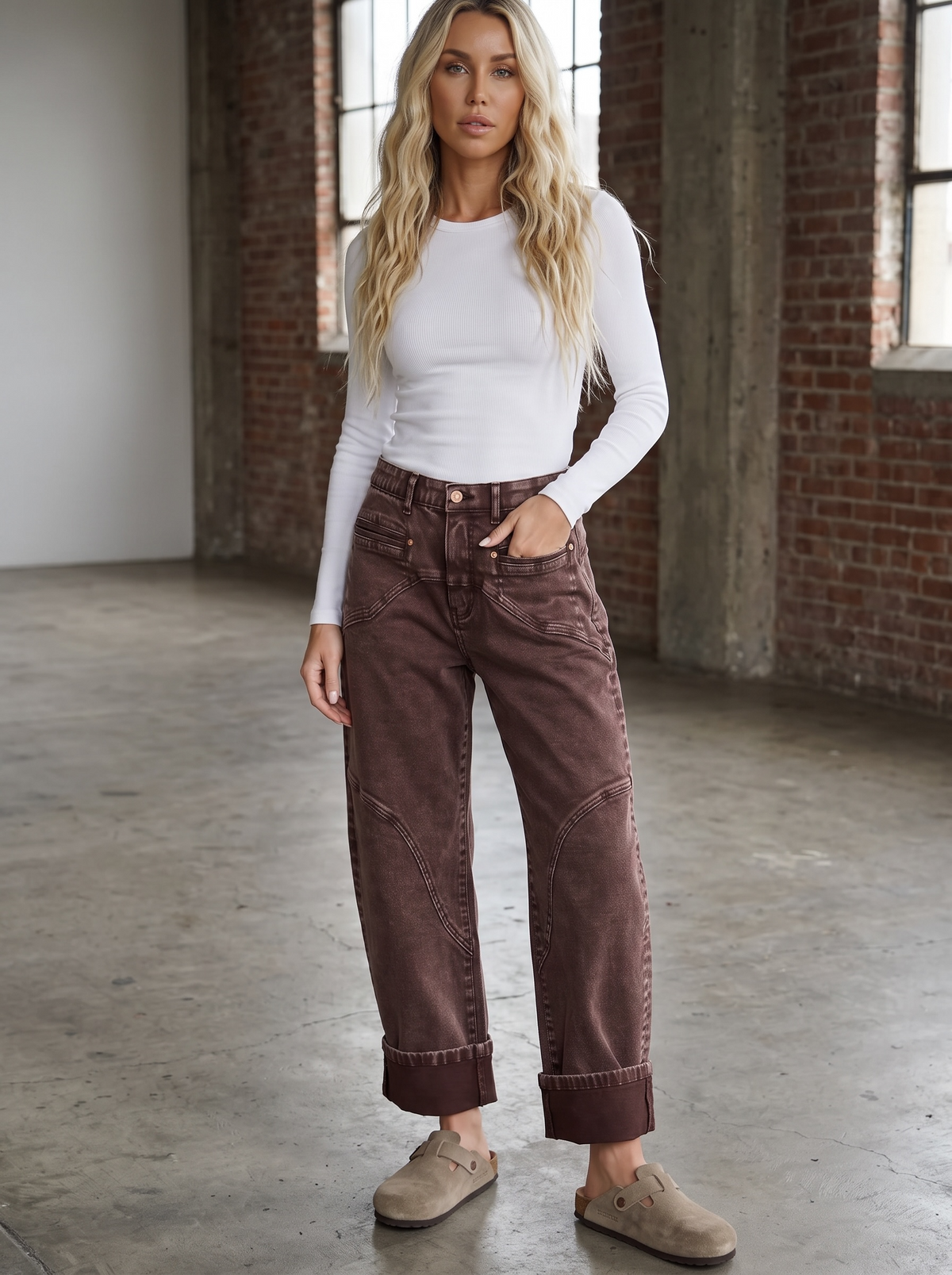 Saige Brown Washed Barrel Jeans