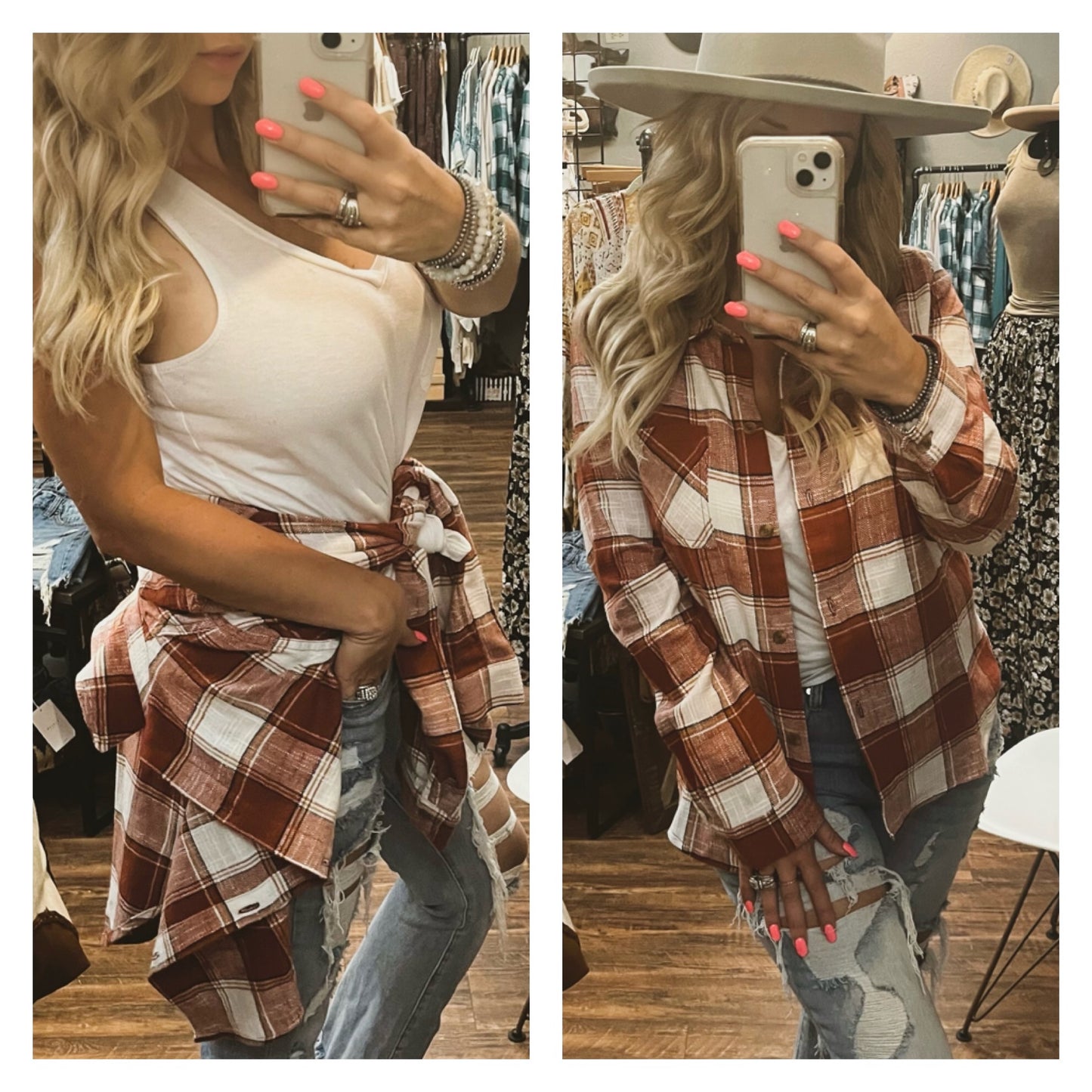 Cotton Plaid Top With Front Pocket