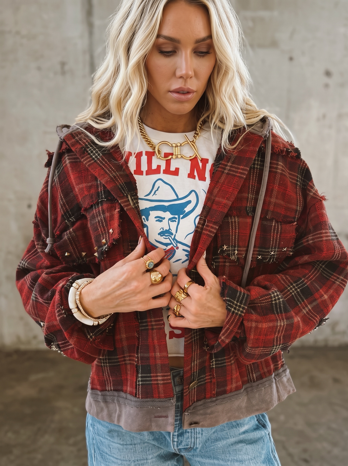 POL Plaid Star Patch Hooded Jacket
