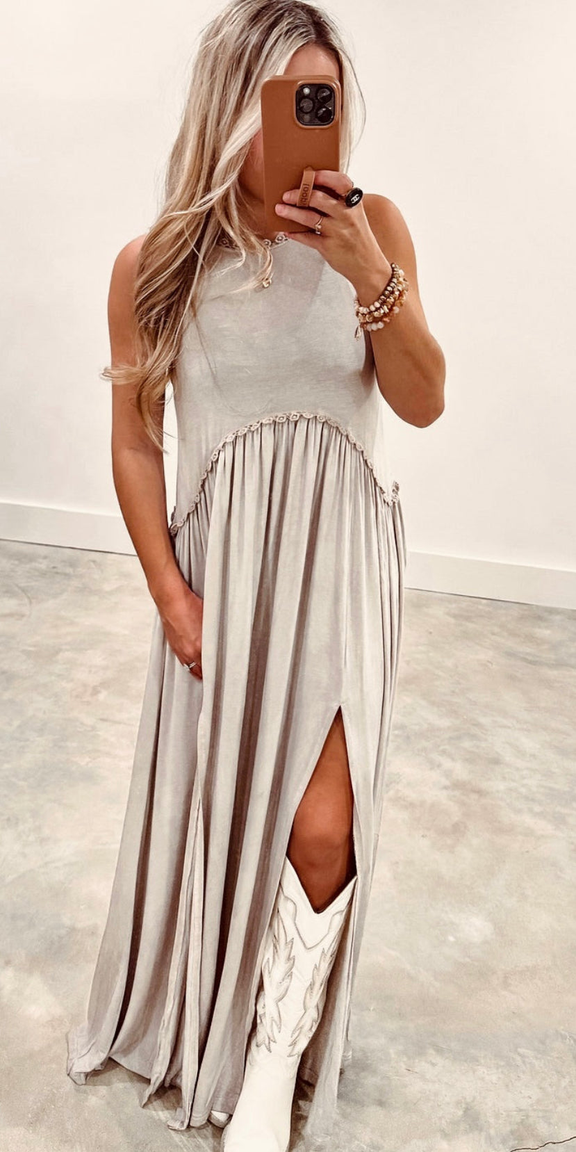 Stone Washed Side Slit Cut Out Maxi Dress