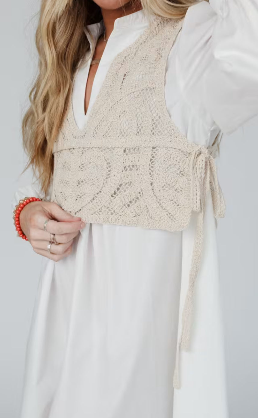 Annie Wear Crochet Vest Notched Long Sleeve Shirt Dress