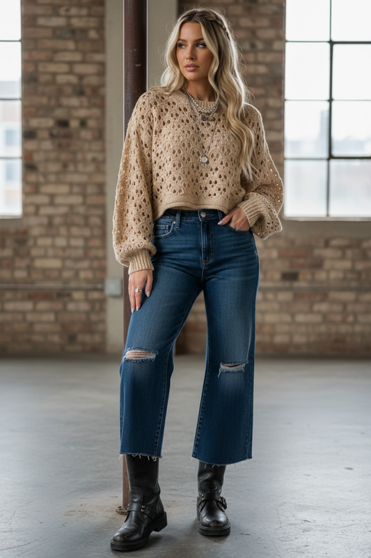 Cropped Crochet Knit Sweater