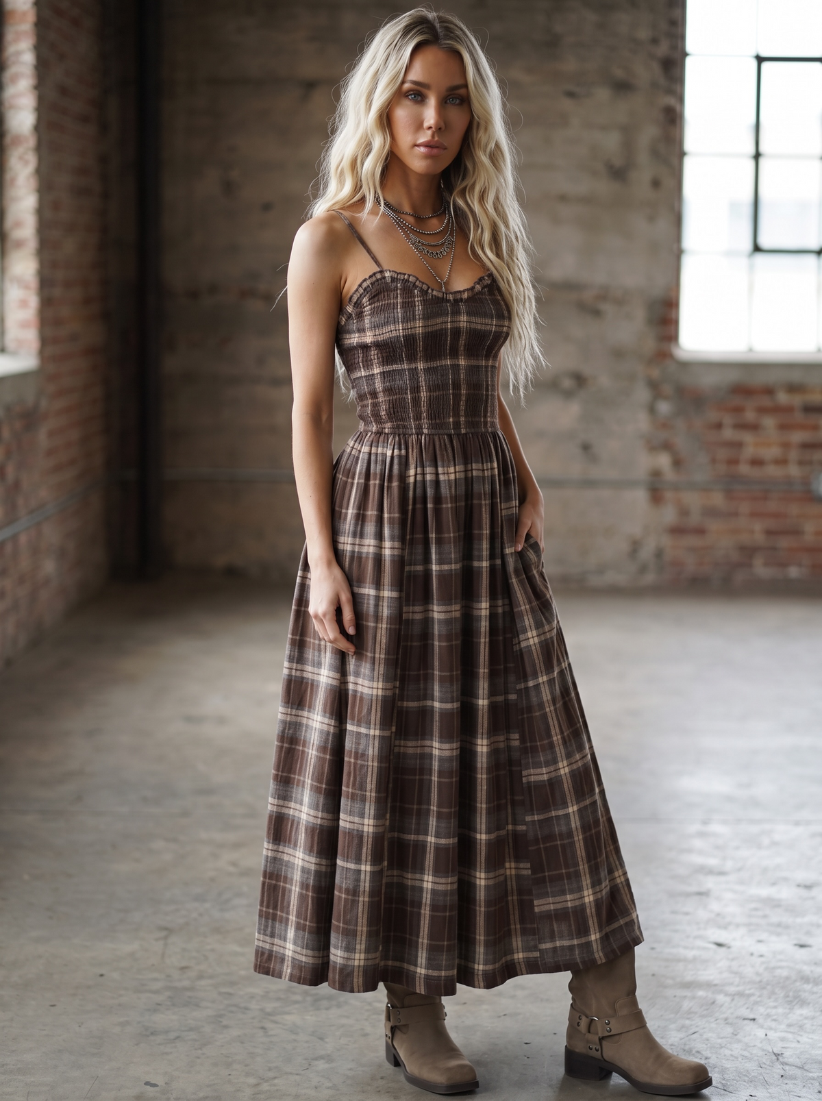 Plaid Smocked Maxi Dress