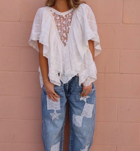 POL Lace Trim V Ruffle Top