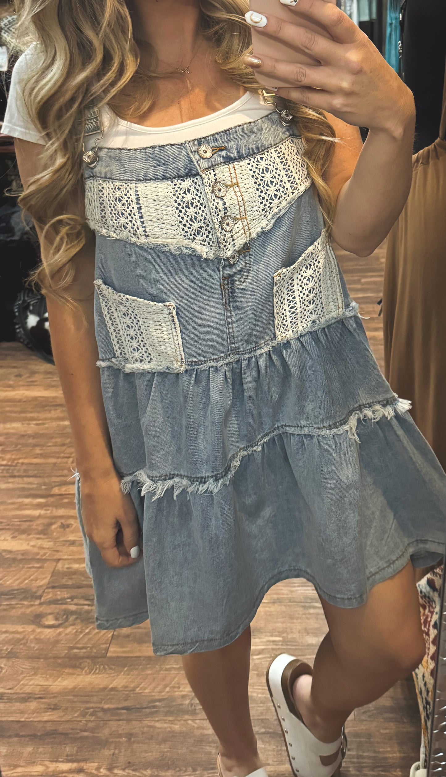 POL Crochet Patchwork Denim Dress