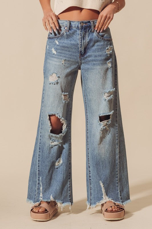 Mid Rise Distressed Wide Leg Jeans