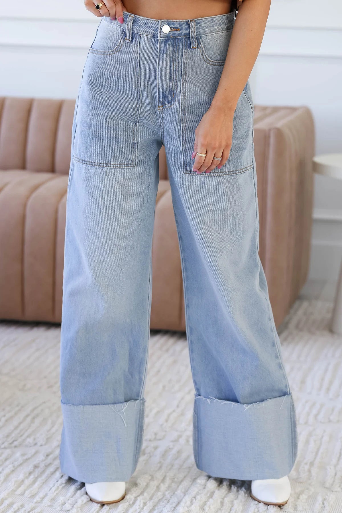 High-Waisted Wide Leg Cuffed Jeans