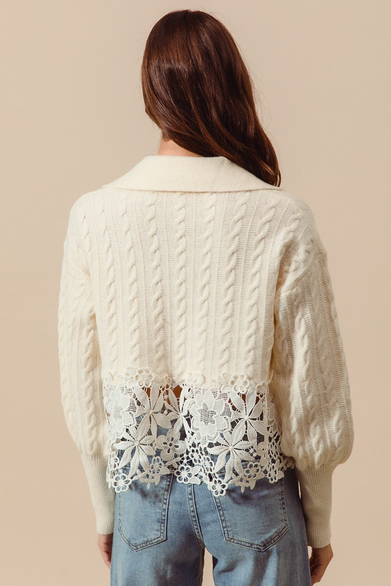 So Me Cable Knit Lace Trim Sweater