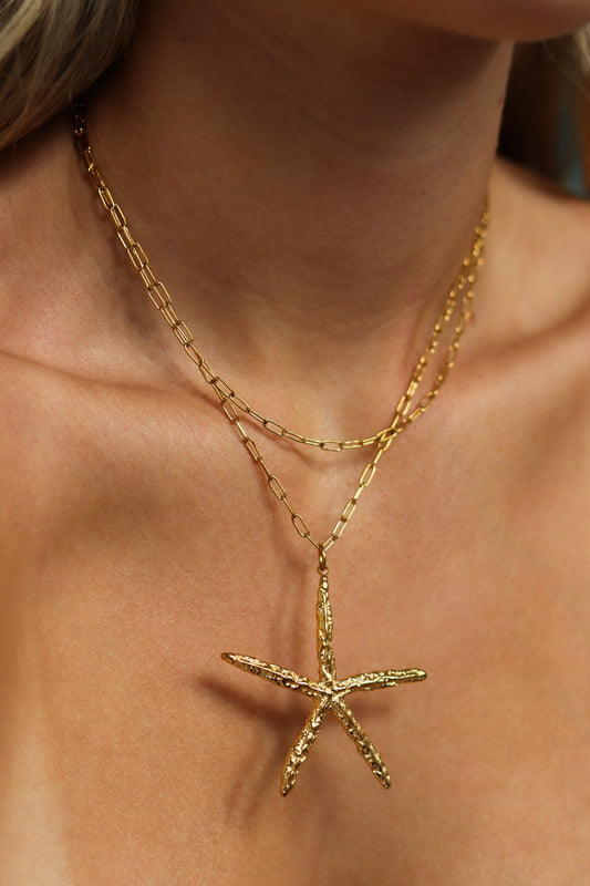 18K Gold Plated SS Starfish Charm Long Chain Necklace - FGS