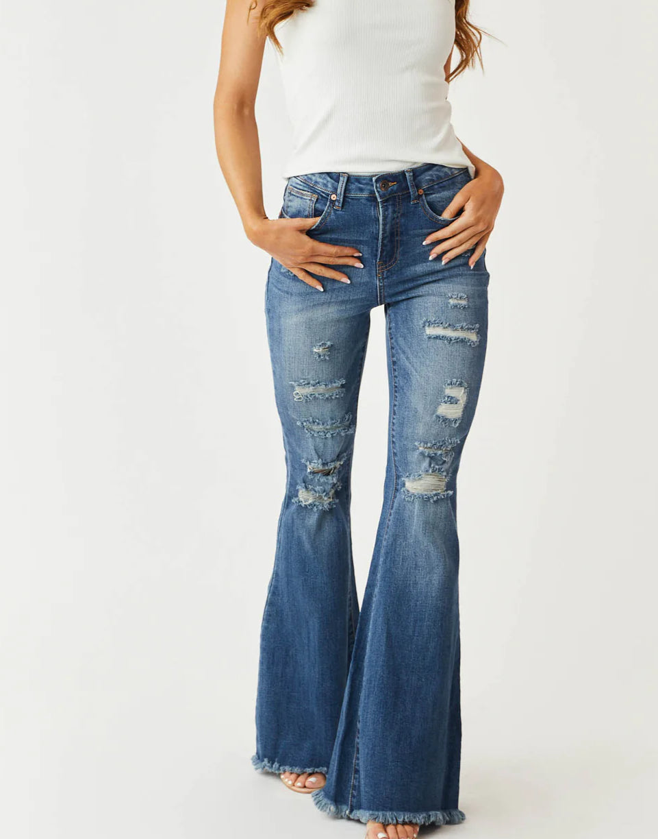 High Rise Boot Cut Distressed Jeans