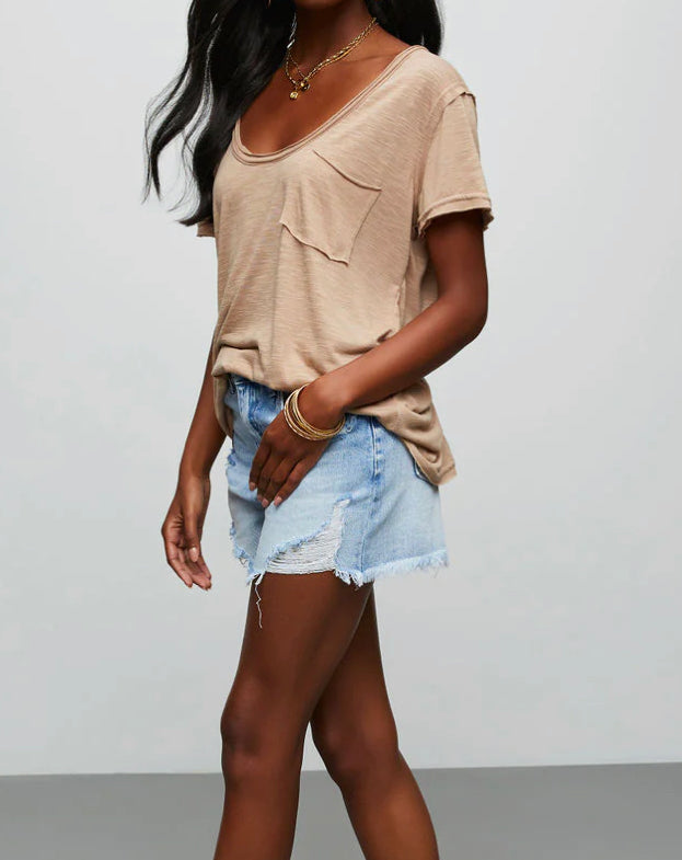 Short Sleeve Scoop Neck Top with Chest Pocket