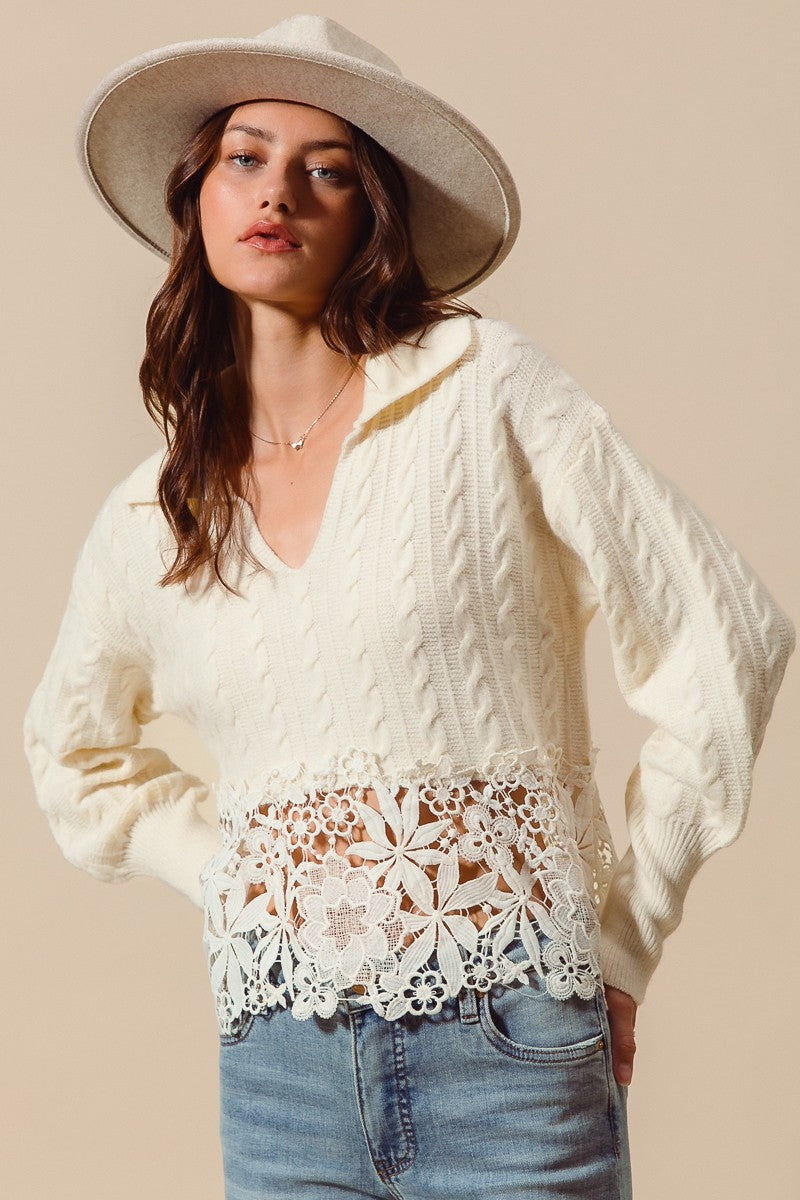 So Me Cable Knit Lace Trim Sweater