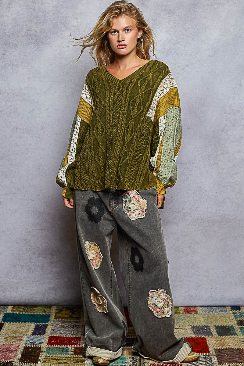 POL Cable Knit V Neck Sweater