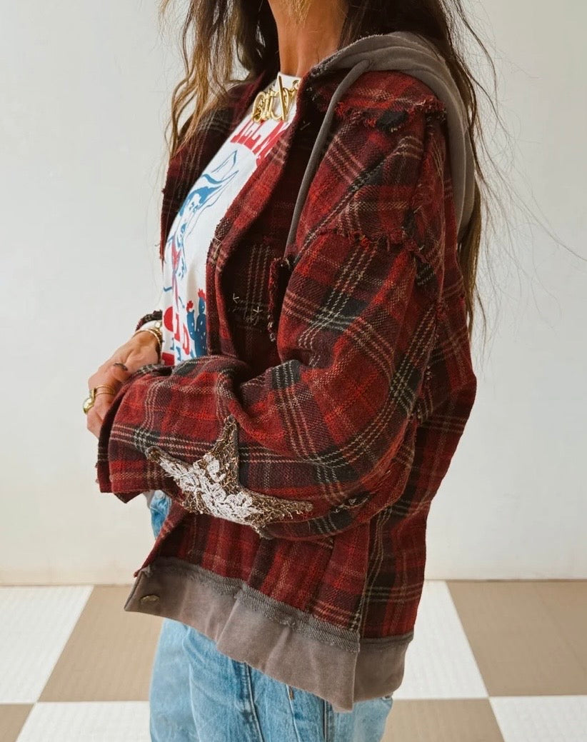 POL Plaid Star Patch Hooded Jacket