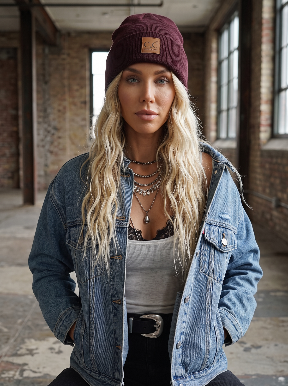 C.C Heather Knit Suede Patch Beanie