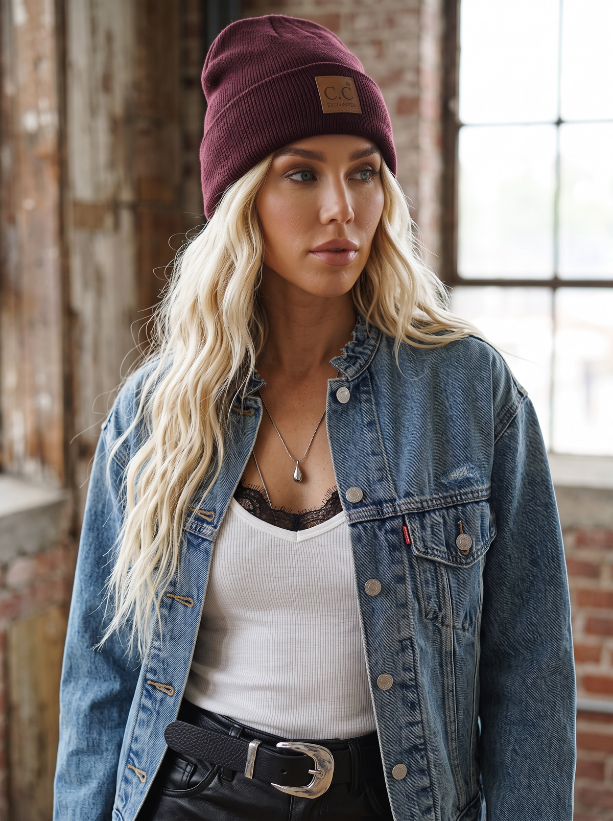 C.C Heather Knit Suede Patch Beanie