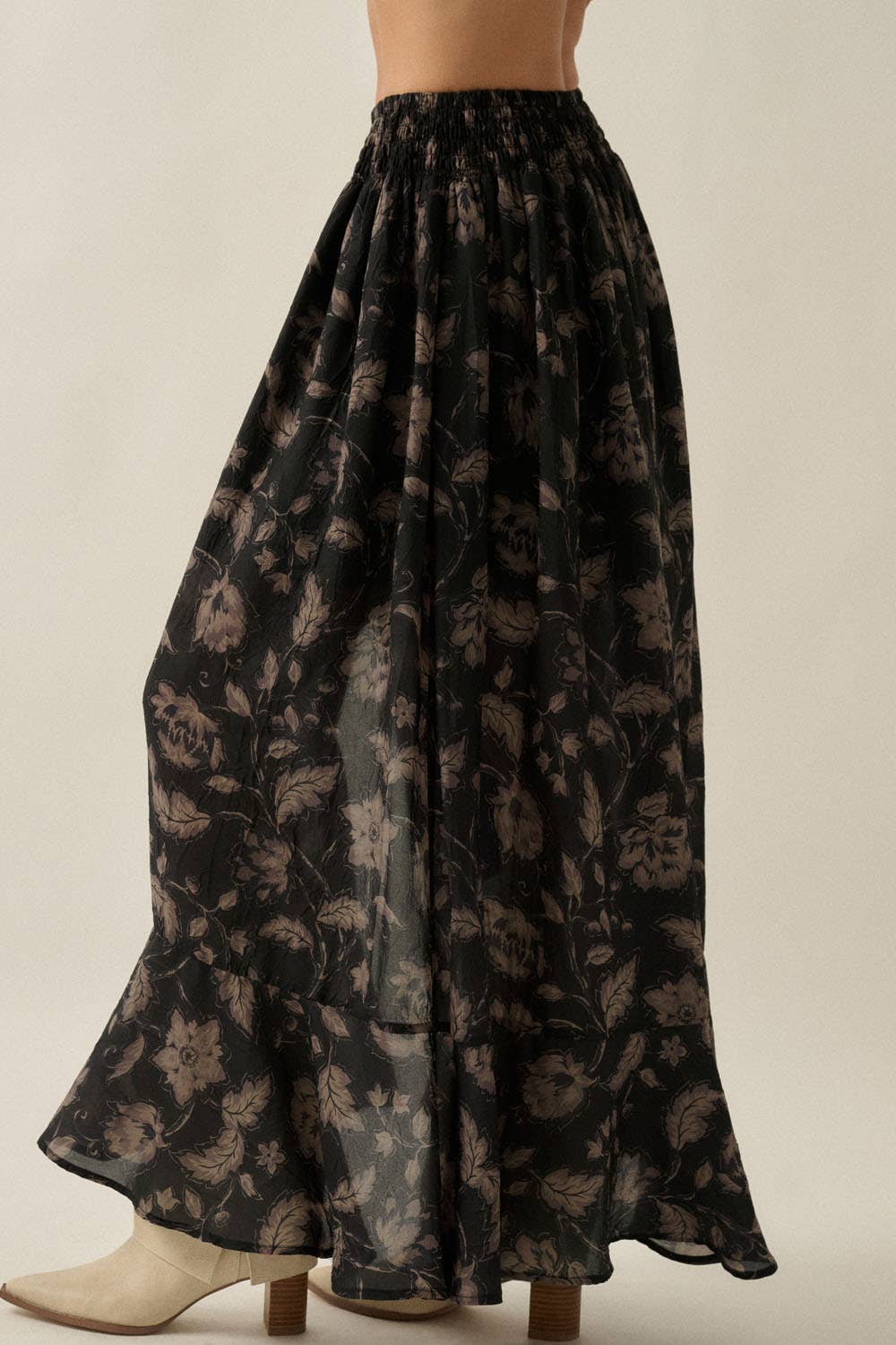 Floral-Print Button-Front Drawstring Ruffle Maxi Skirt