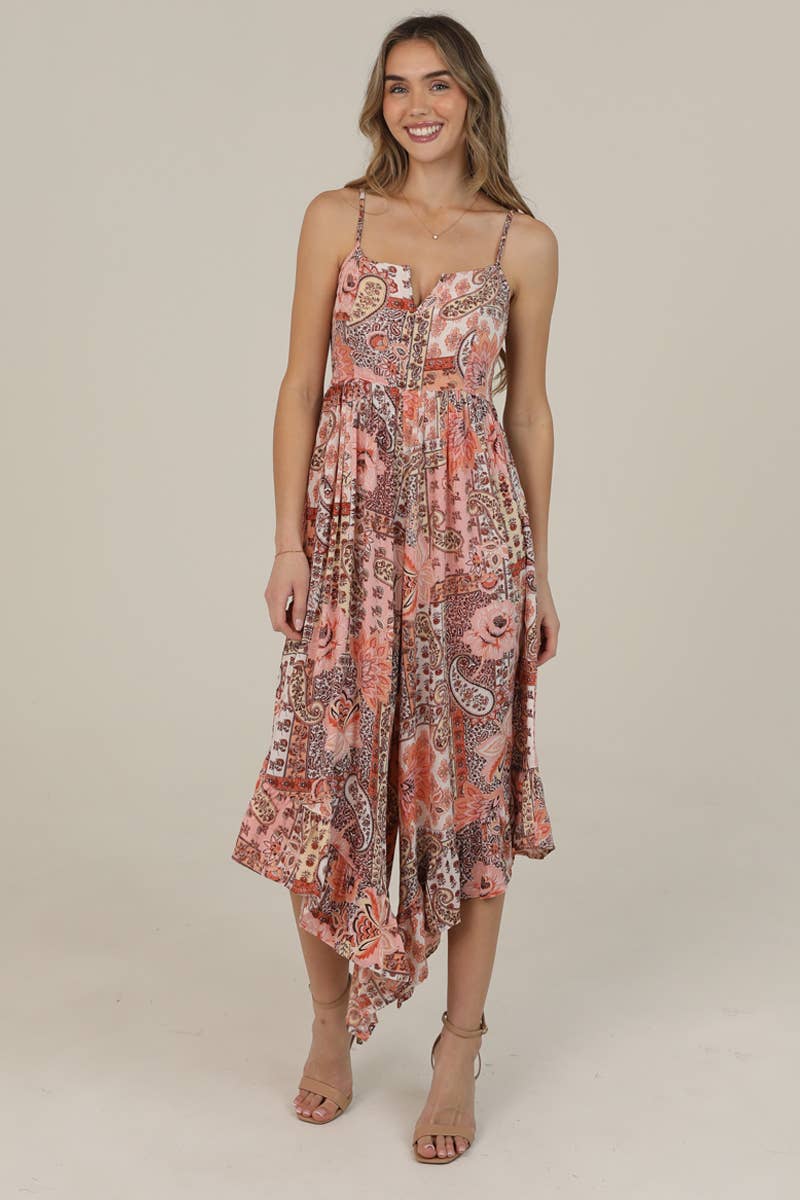 Q5Y17-W909 PAISLEY PATCHWORK PRINT NOTCH NECK WIDE LEG JUMPS