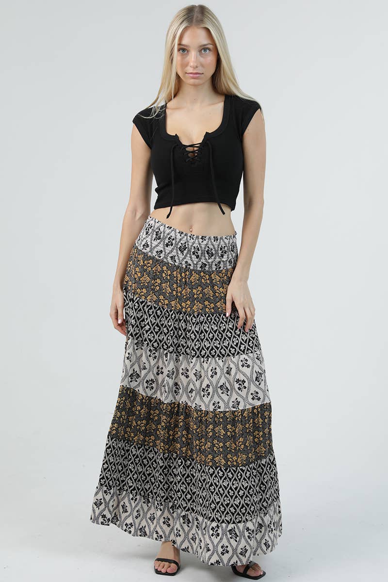 26P57-AA04 MIX PRINT TIERED A LINE SMOCKED WAISTBAND MAXI SK