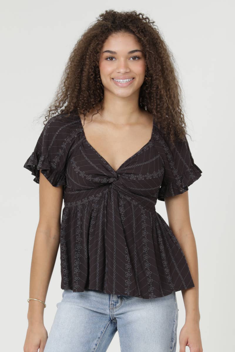 C2186-EM08 EYELET EMBROIDERED TWIST FRONT BLOUSE