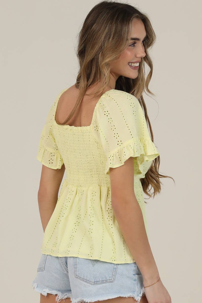 C2186-EM08 EYELET EMBROIDERED TWIST FRONT BLOUSE