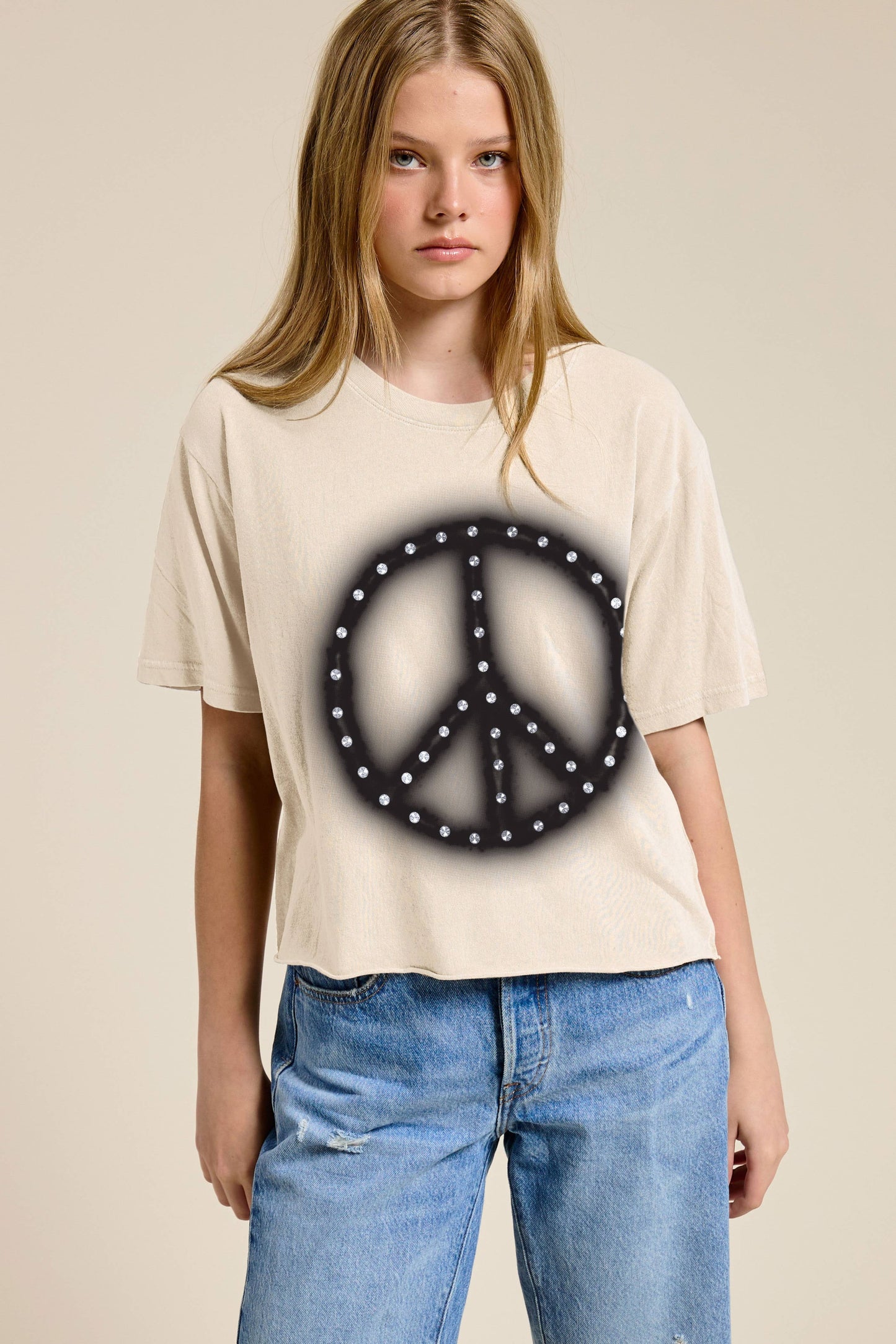PUFF' Brush Peace Graphic Raw Hem Faux Crop Tee