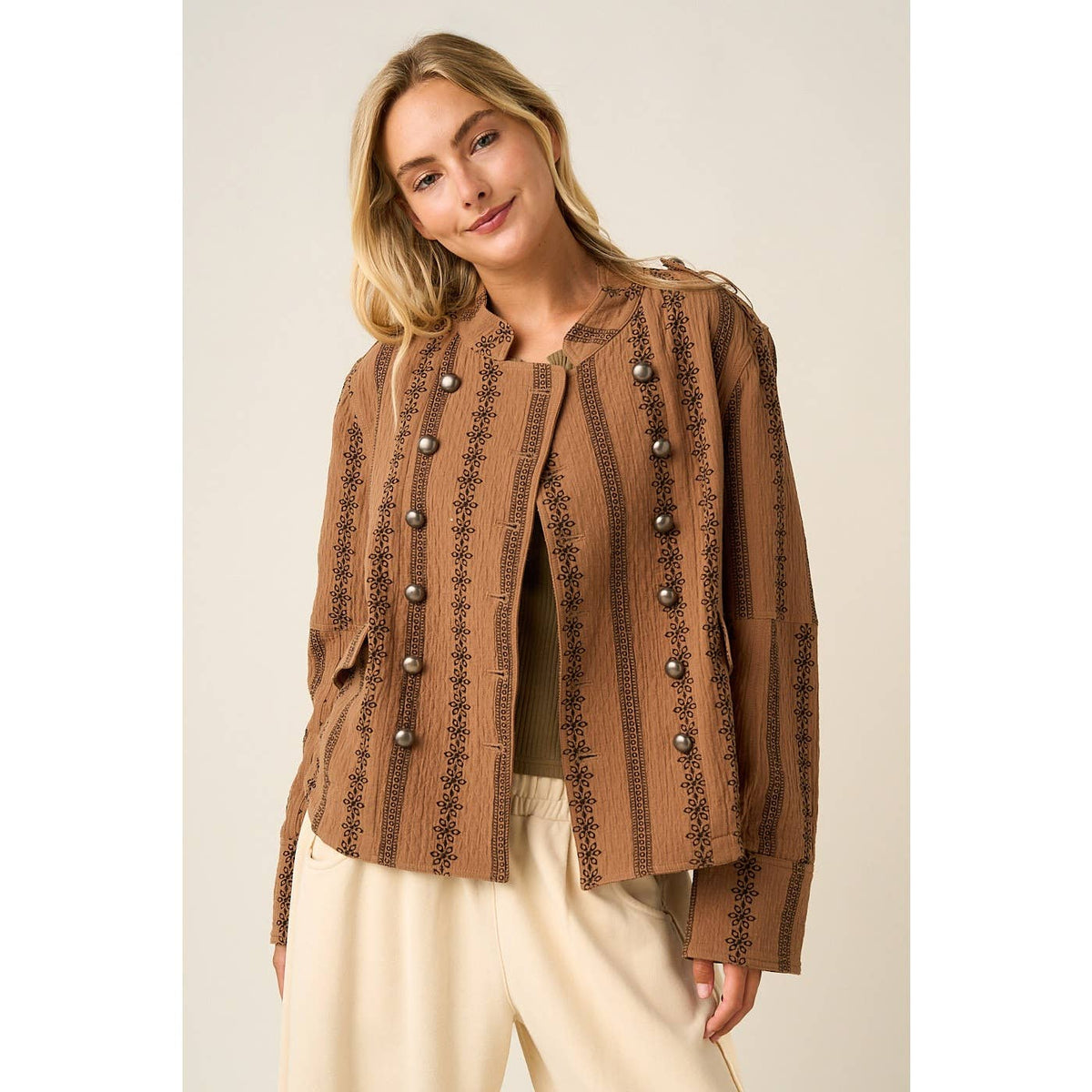 FLORAL ORNAMENT PRINT TEXTURED QUILT JACKET