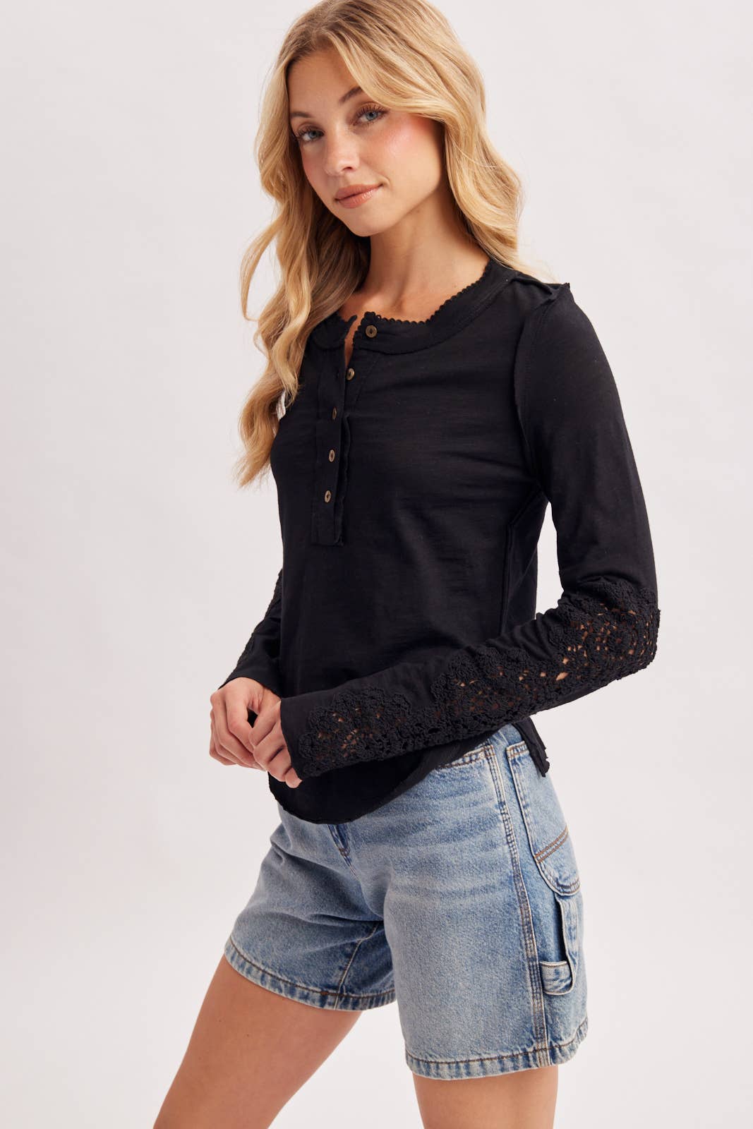 CROCHET PATCH SLEEVED HALF BUTTON ROUND NECK TOP