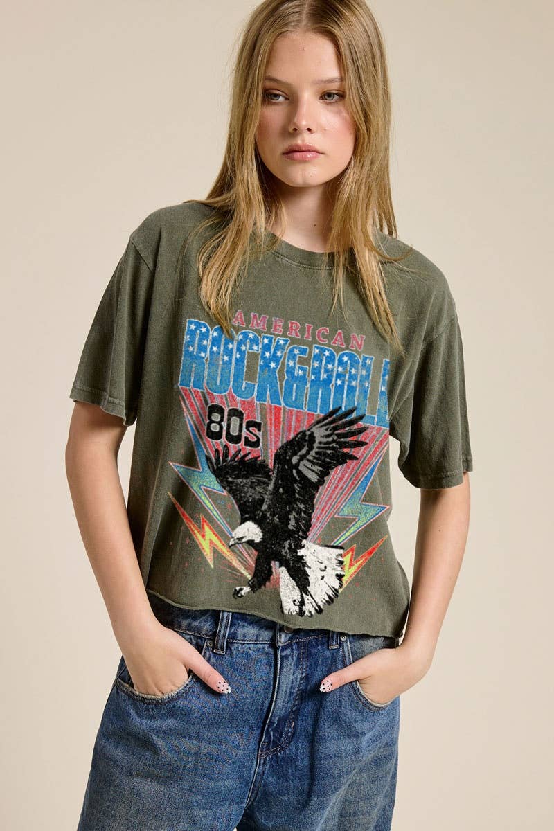 American Rock & Roll 80S Graphic Raw Hem Faux Crop Tee