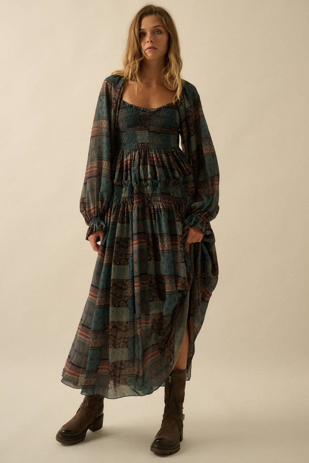 Patchwork-Print Smocked Bubble-Sleeve Midi Dress