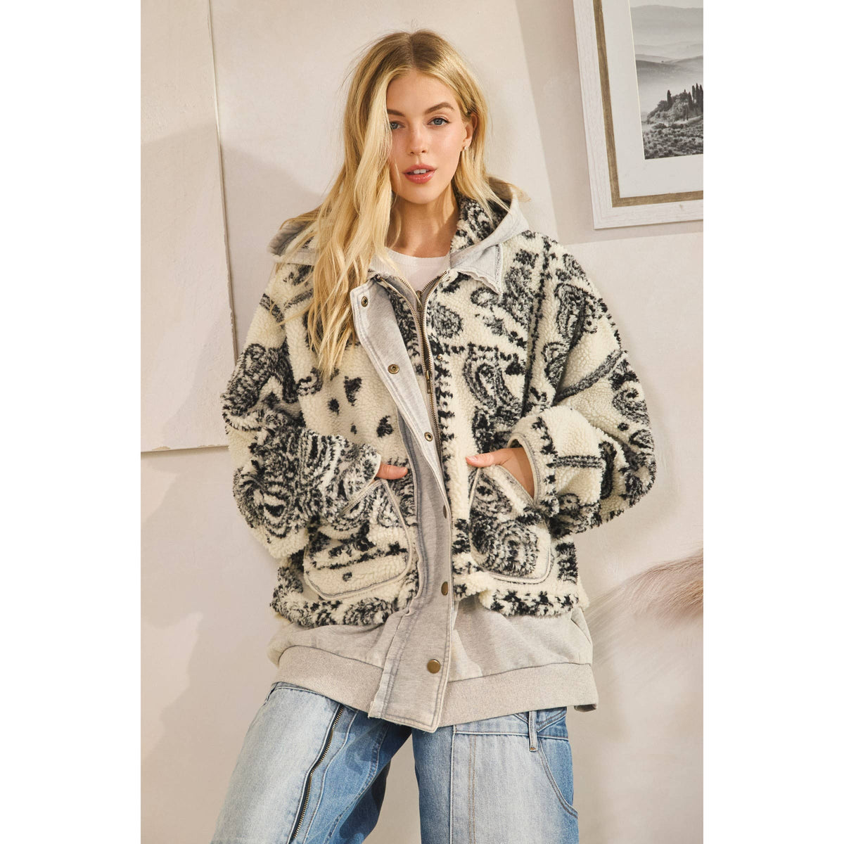 TERRY FLEECE MIX ZIP FRONT JACKET