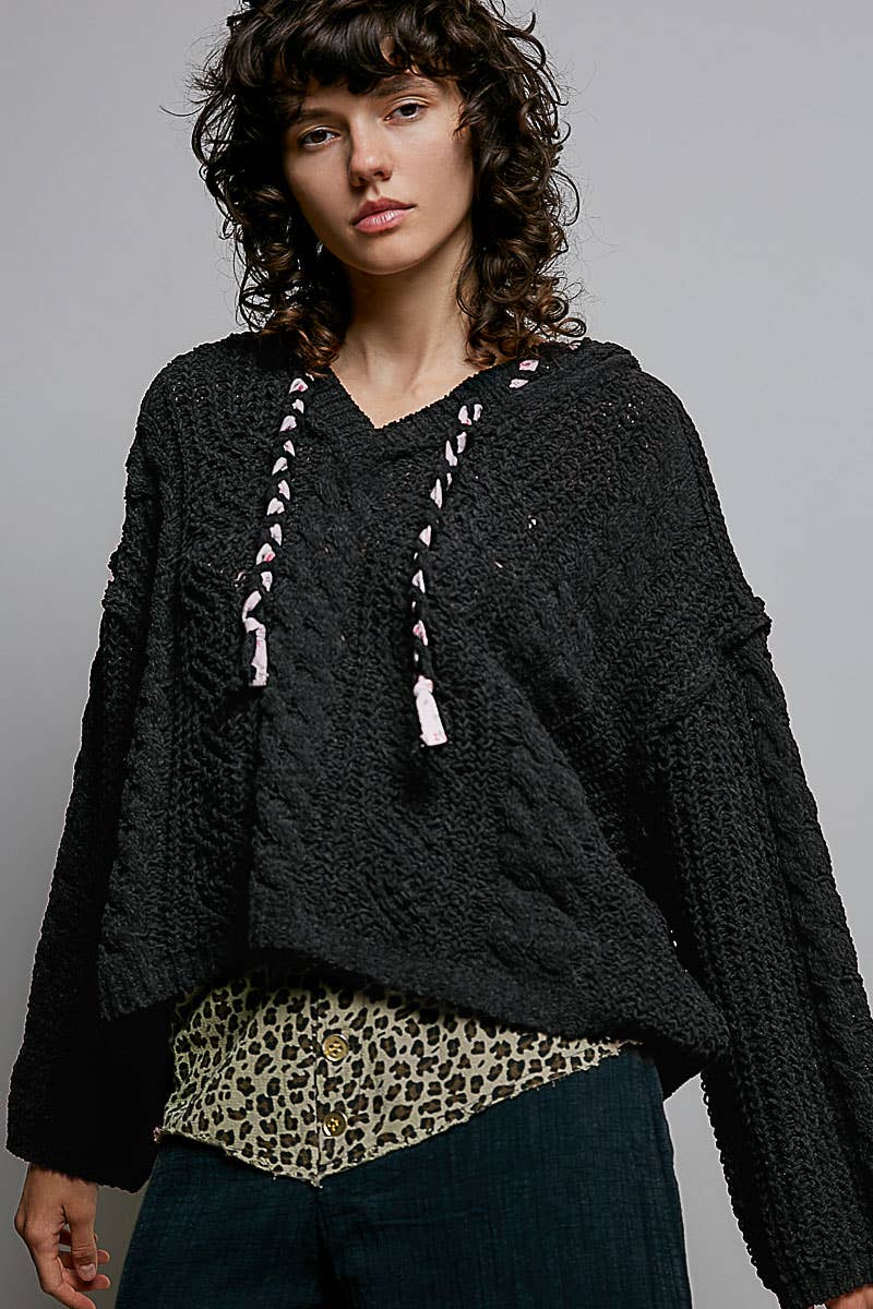 Oversize Fit V-neck Hooded Cable Knit Chenille Sweater SALE
