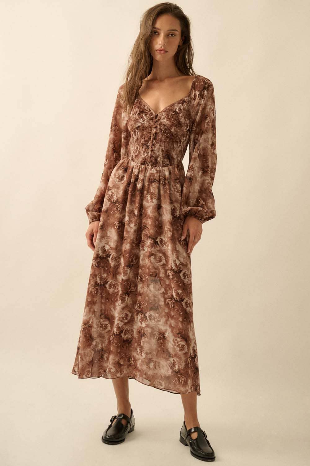 Floral Bubble-Sleeve Smocked Sweetheart Midi Dress