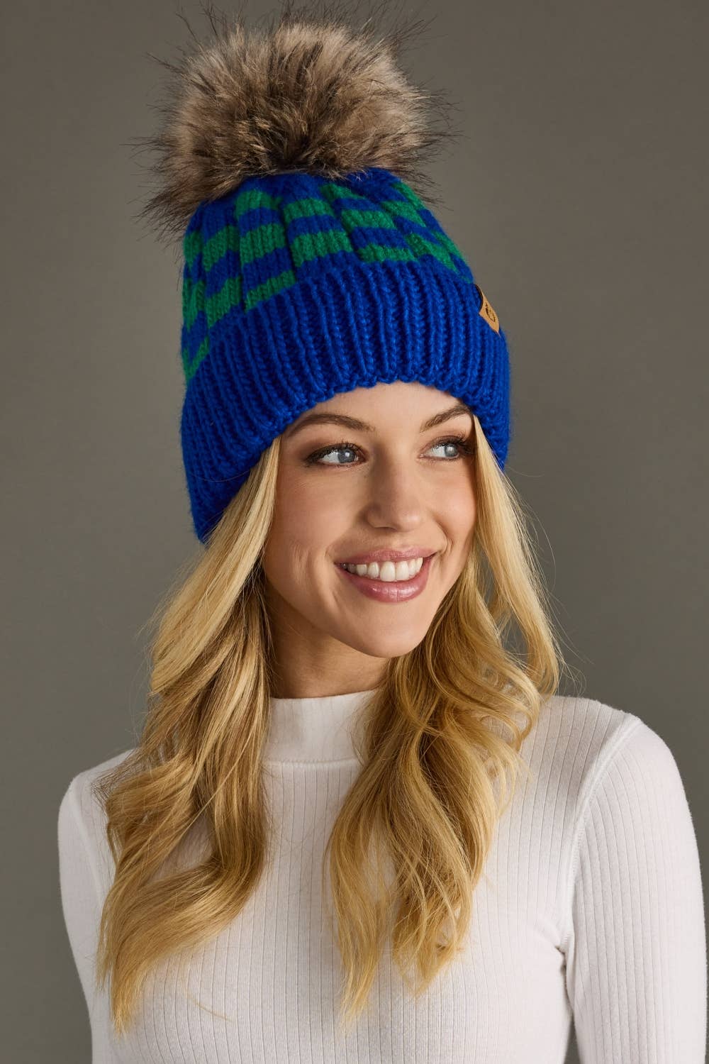 Blue & Green Checkered Pom Hat