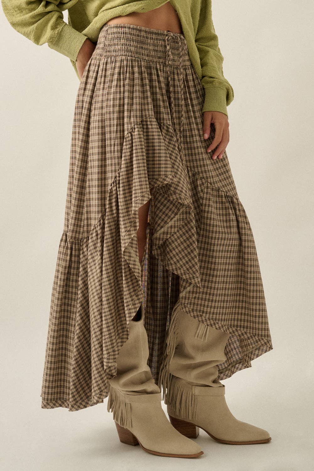 Plaid Asymmetrical High-Low Smocked Ruffle Maxi Skirt