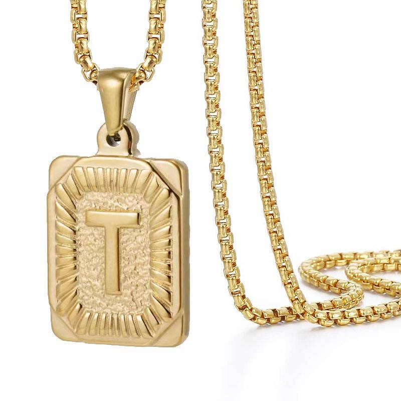 18K Gold Plated Stainless Steel Rectangle Initial Necklace