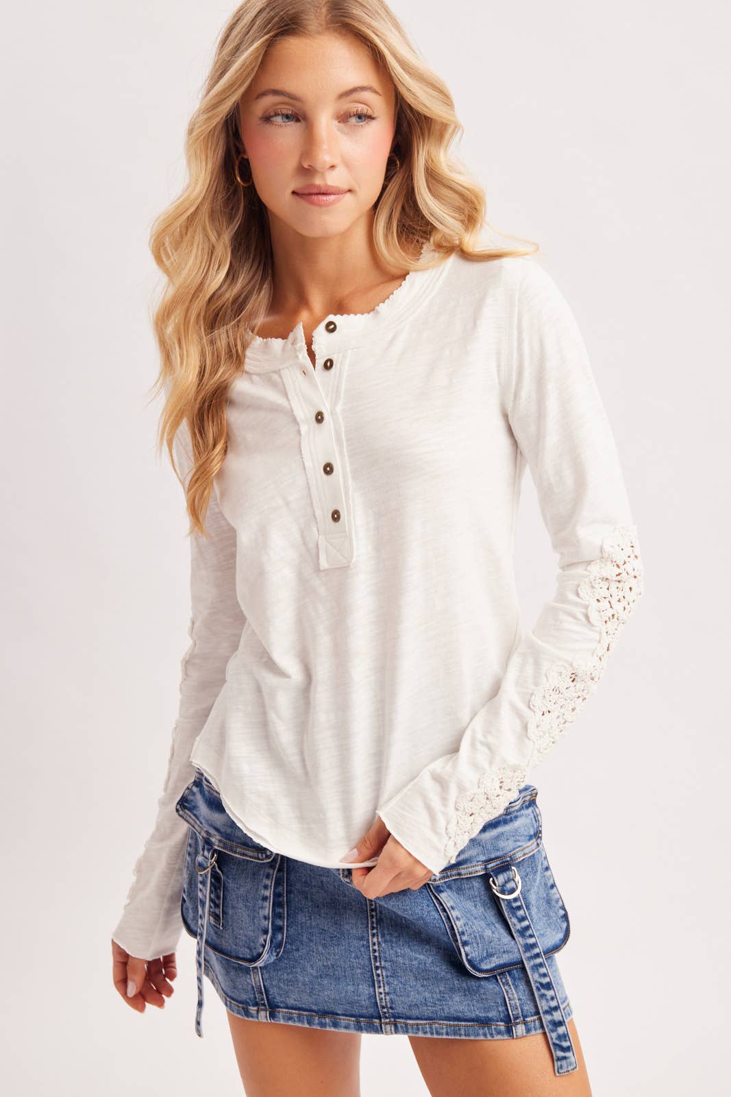 CROCHET PATCH SLEEVED HALF BUTTON ROUND NECK TOP