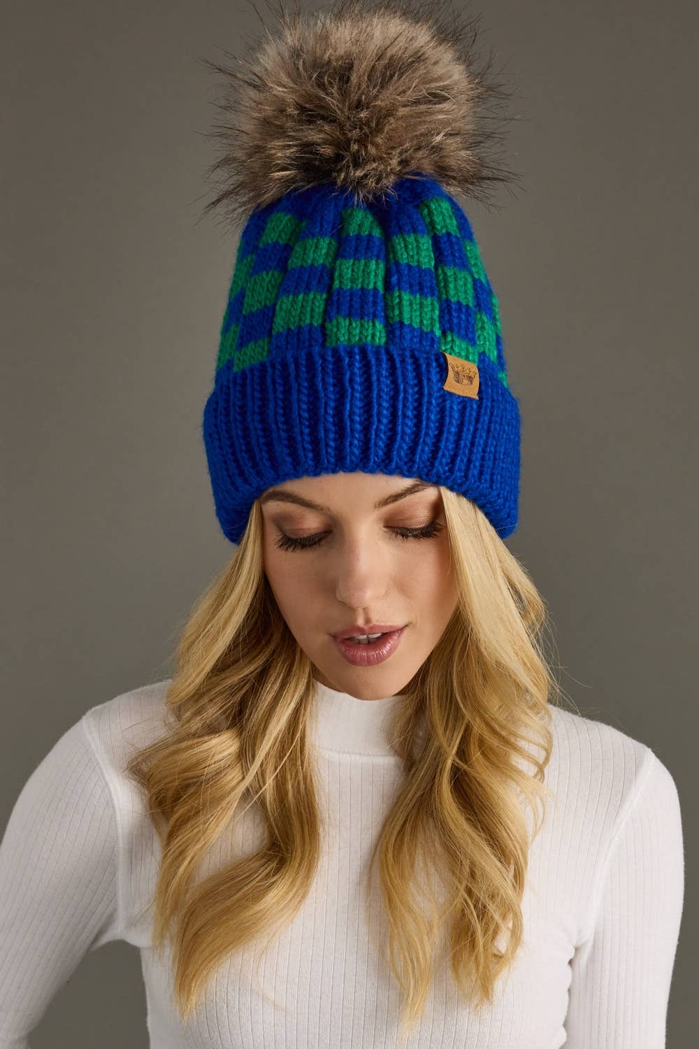 Blue & Green Checkered Pom Hat