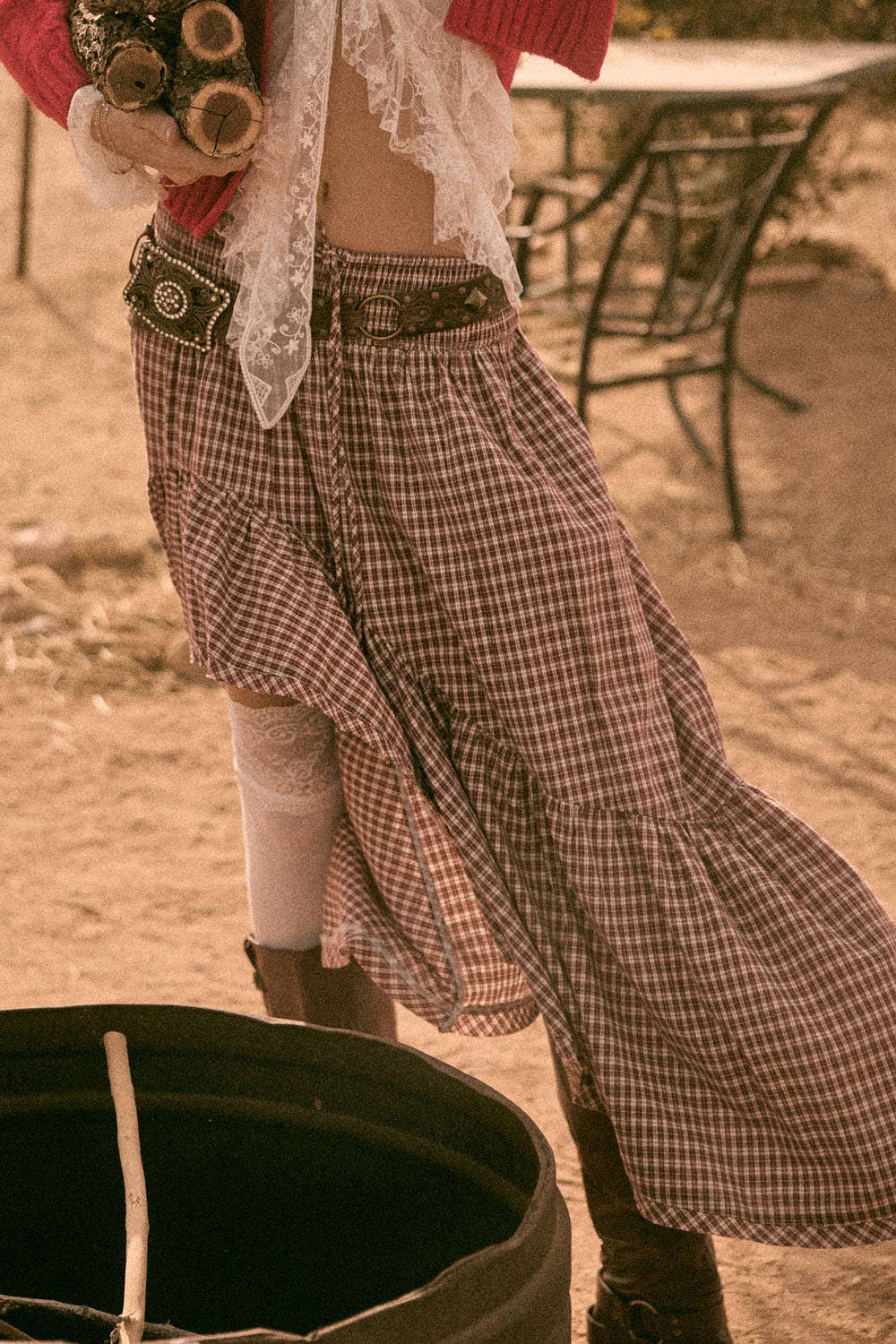 Plaid Asymmetrical High-Low Smocked Ruffle Maxi Skirt