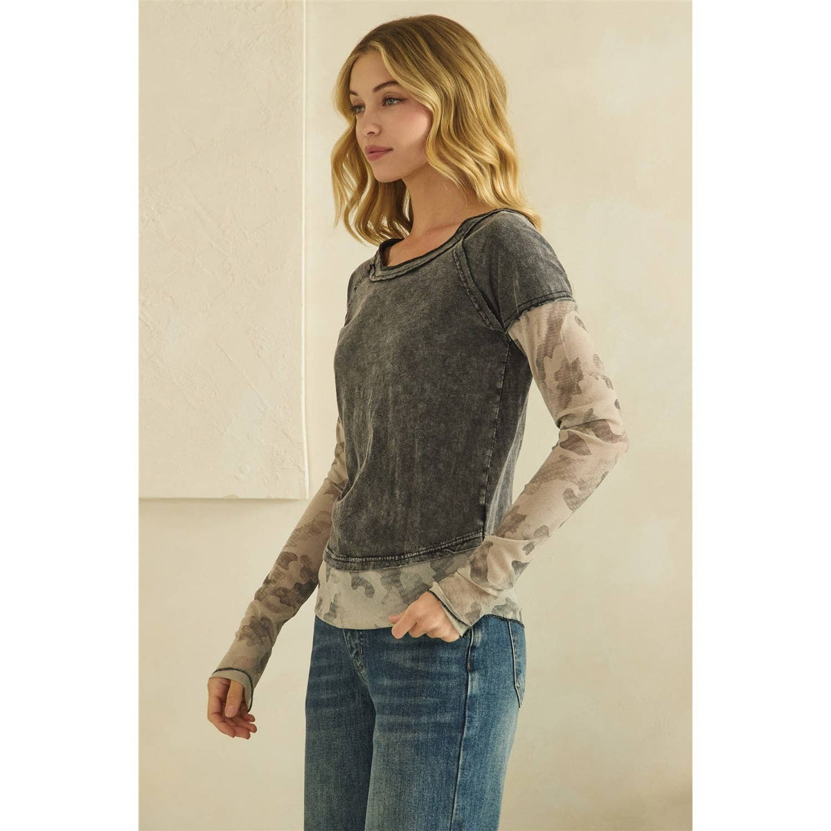 CAMOUFLAGE PRINT MIX LAYERED LOOK PULL OVER