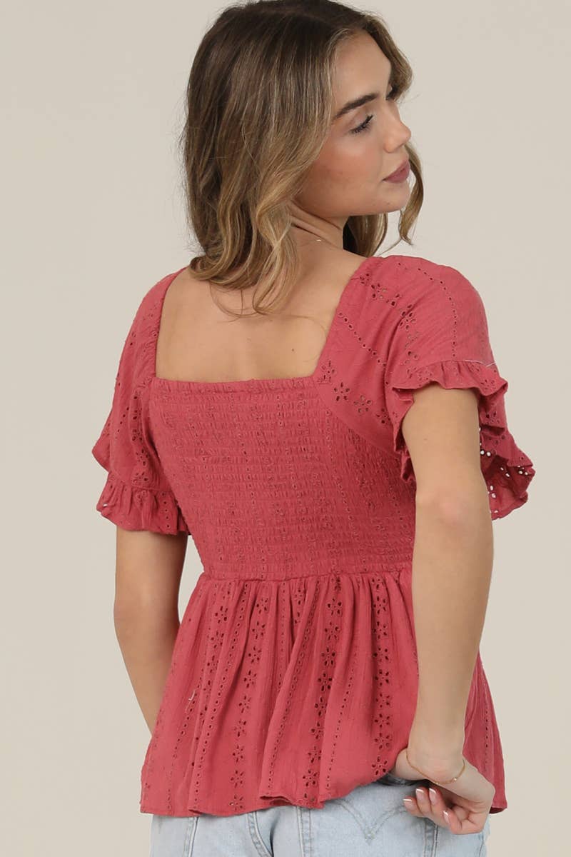 C2186-EM08 EYELET EMBROIDERED TWIST FRONT BLOUSE