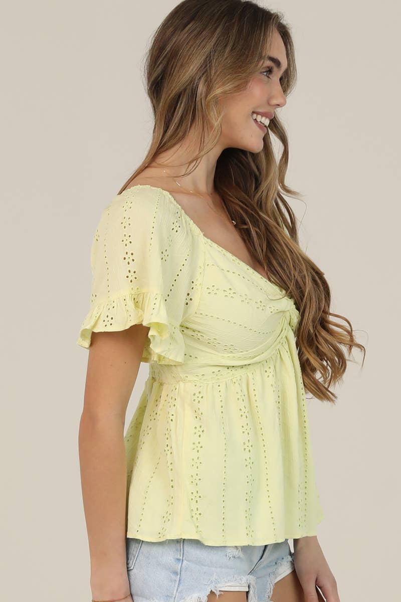 C2186-EM08 EYELET EMBROIDERED TWIST FRONT BLOUSE