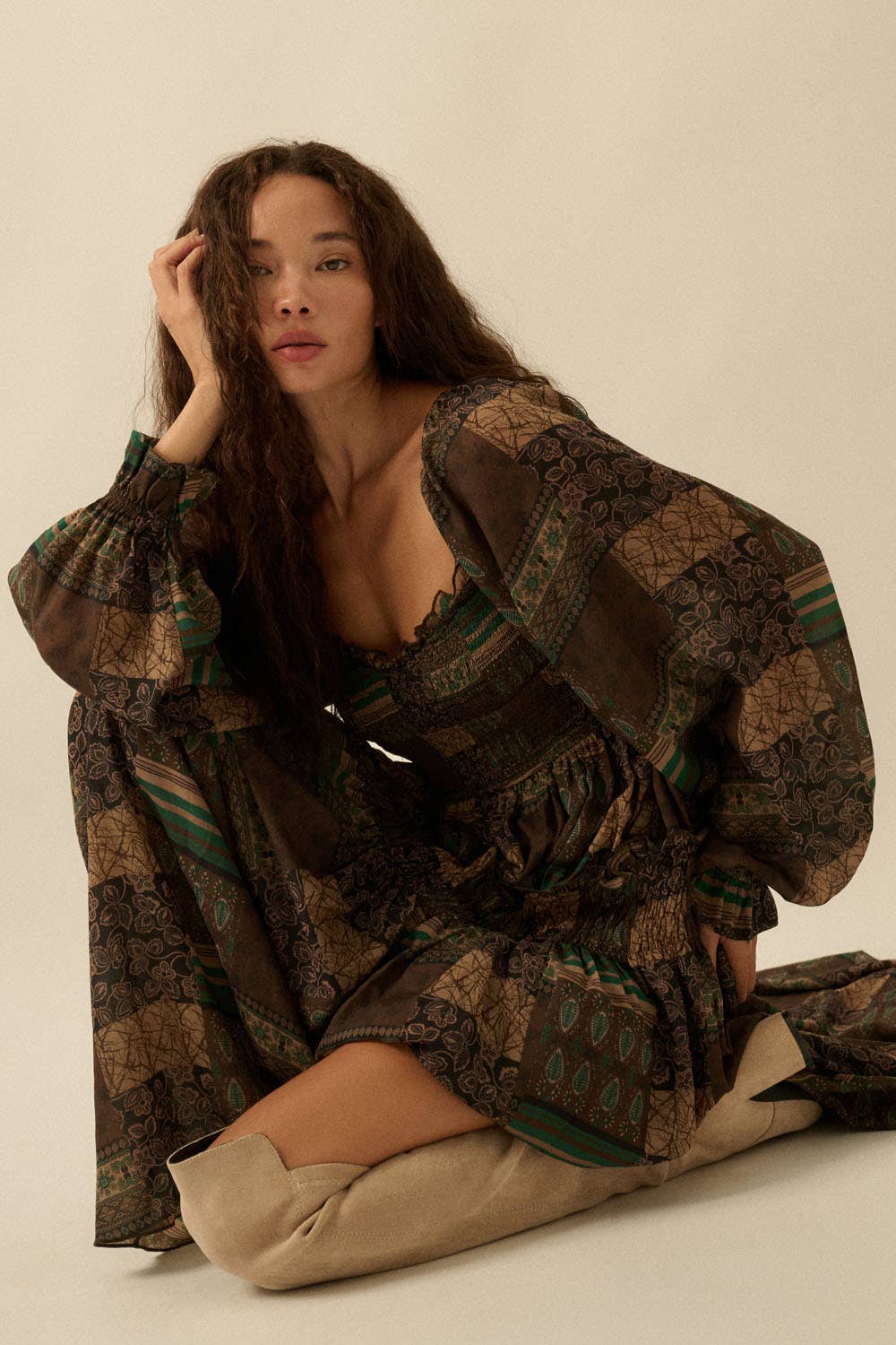 Patchwork-Print Smocked Bubble-Sleeve Midi Dress