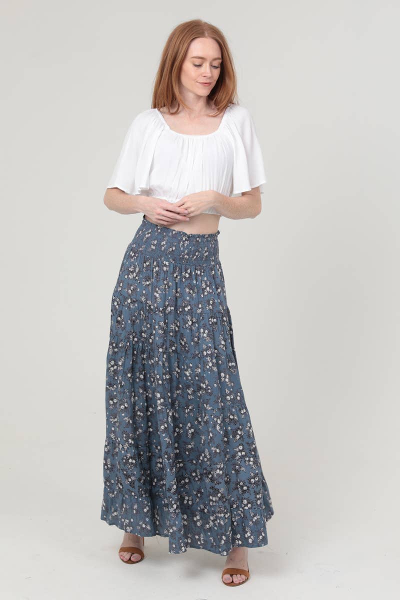 26P57-WA40 DITSY PRINT SMOCKED WAIST TIERED MAXI SKIRT